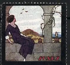 Künstler-Reklamemarke Ernst Kutzer, März, Frau auf Balkon mit Landschaft