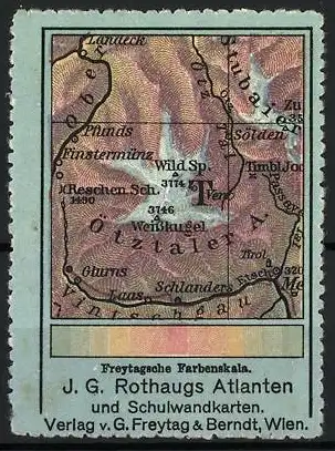 Reklamemarke Wien, J. G. Rothaugs Atlanten, Landkarte Ötztaler Alpen