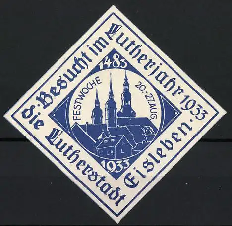 Reklamemarke Eisleben, Besuch im Lutherjahr 1933, Stadtsilhouette und Kirchtürme