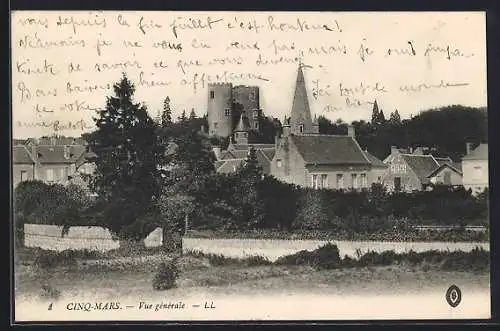 AK Cinq-Mars, Vue générale du village avec tour médiévale et église