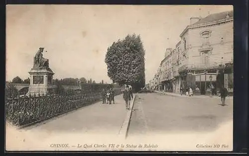 AK Chinon, Le Quai Charles VII et la Statue de Rabelais