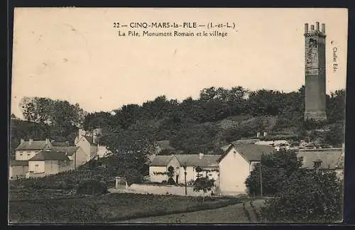 AK Cinq-Mars-la-Pile, La Pile, Monument Romain et le village