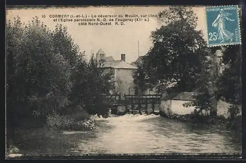 AK Cormery, Déversoir du Moulin sur l`Indre et Église N.-D. de Fougeray (XIIe s.) côté Nord-Ouest