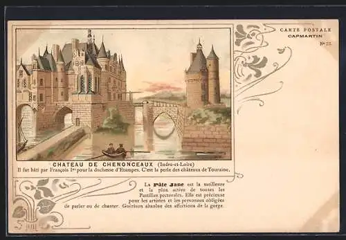 Lithographie Chenonceaux, Château de Chenonceaux et son reflet sur l`eau