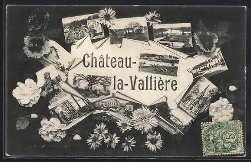 AK Château-la-Vallière, Collage de vues pittoresques avec fleurs et timbre