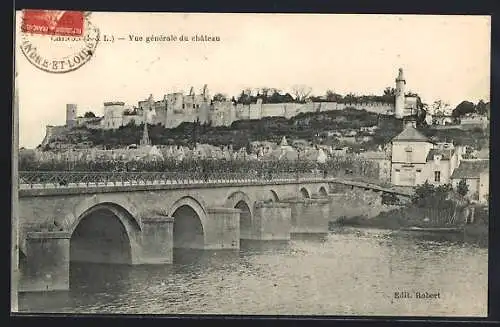 AK Chinon, Vue générale du château et du pont sur le Cher