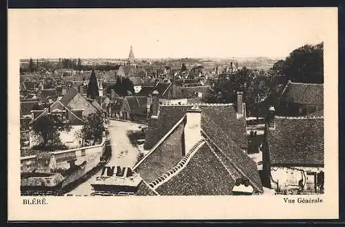 AK Bléré, Vue Générale du village avec toits et paysage environnant