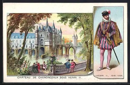 Lithographie Chenonceaux, Château sous Henri II avec personnages en costume d`époque