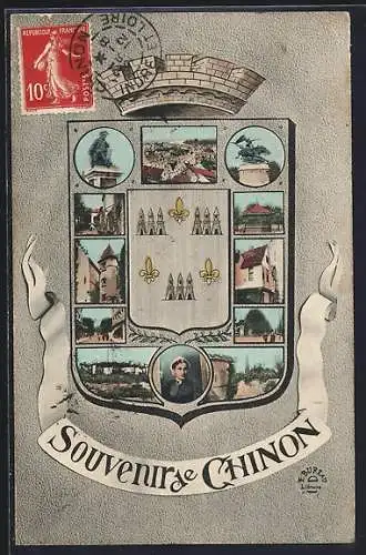 AK Chinon, Souvenir avec blason et vues historiques de la ville