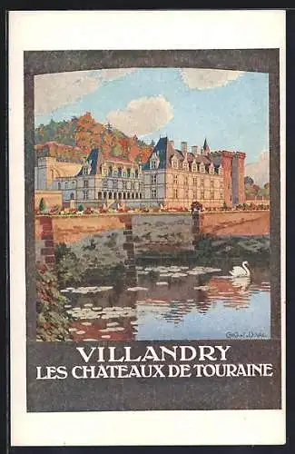 Künstler-AK Villandry, Les Châteaux de Touraine et le reflet sur l`eau