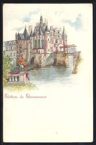 Künstler-AK Chenonceaux, Château de Chenonceaux et son reflet dans l`eau