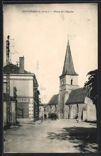 AK Lignières, Place de l`Église avec épicerie et clocher en arrière-plan