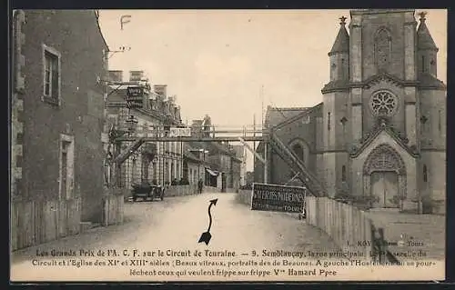 AK Semblancay, Rue principale et église du XIe et XIIIe siècles, Grand Prix de l`A.C.F. Circuit de Touraine