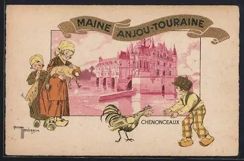 AK Chenonceaux, Illustration du château avec enfants et coq