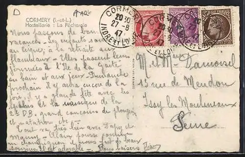AK Cormery, Hostellerie La Pêcherie avec facade couverte de lierre et enseigne en fer forgé
