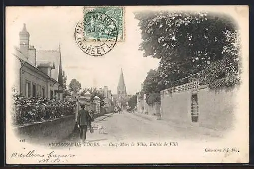 AK Cinq-Mars-la-Pile, Entrée de ville avec église au fond