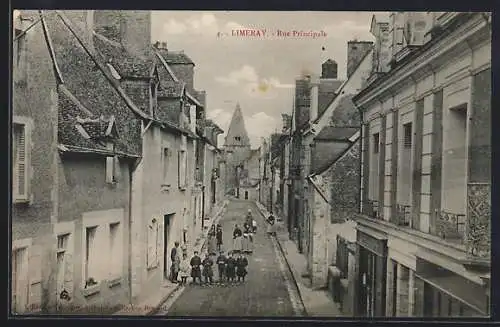 AK Limeray, Rue Principale avec groupe d`enfants et maisons traditionnelles