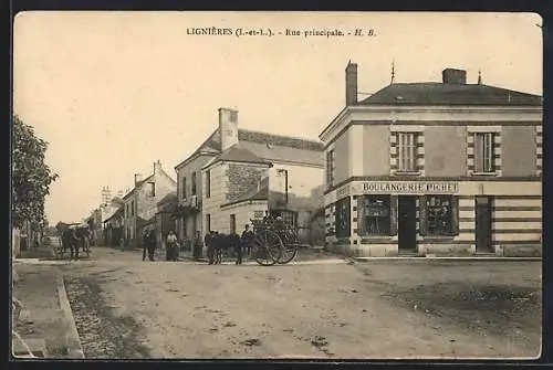 AK Lignières, Rue principale avec boulangerie et chariot tiré par cheval