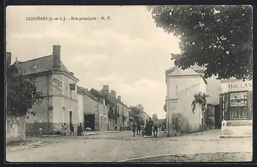 AK Lignières, Rue principale avec hôtel et boulangerie