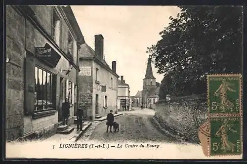 AK Lignières, Le Centre du Bourg avec rue animée et bâtiments historiques