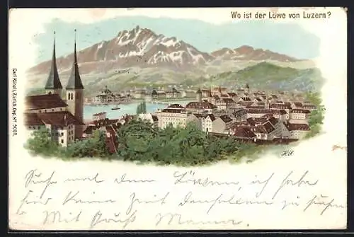 Lithographie Luzern, Wo ist der Löwe?, Panoramablick auf den Ort