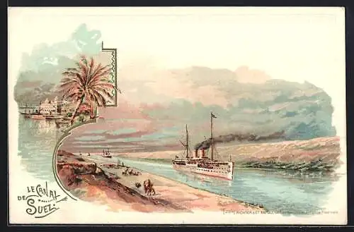 Lithographie Suez, Dampfer auf dem Suez-Kanal