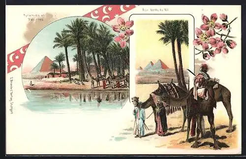Lithographie Ägypten, Pyramiden und Dattelhain, Kamele am Ufer des Nils