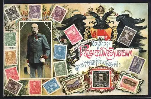 AK Kaiser Franz Josef I. von Österreich, Briefmarken, 60. Regierungsjubiläum - 1908