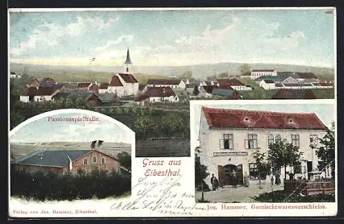 AK Eibesthal, Gesamtansicht, Passionsspielhalle, Gemischtwaren Jos. Hammer