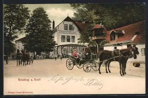 AK Weidling am Bach, Josef Schleinzer`s Gasthaus, Abfahrende Kutsche