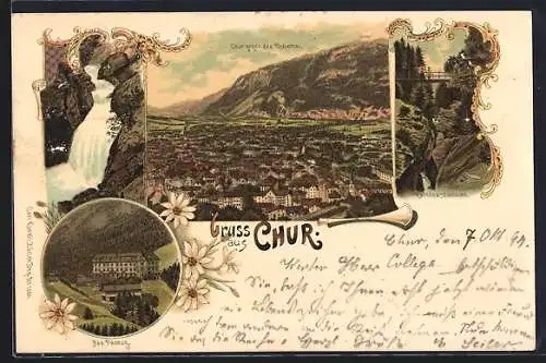 Lithographie Chur, Rabiusa-Schlucht, Bad Passug, Blick gegen Rheinthal