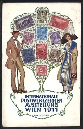 Künstler-AK H. Kalmsteiner: Wien, Internationale Postwertzeichen-Ausstellung 1911, Paar mit Briefmarken