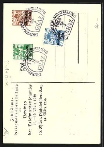 Künstler-AK Graz, 50 Jahre Verein d. Briefmarkensammler 1886-1936, Ausstellung 14.-19.3.1936, Turm, Briefmarke