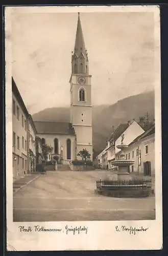 AK Rottenmann, Hauptplatz mit Kirche und Brunnen