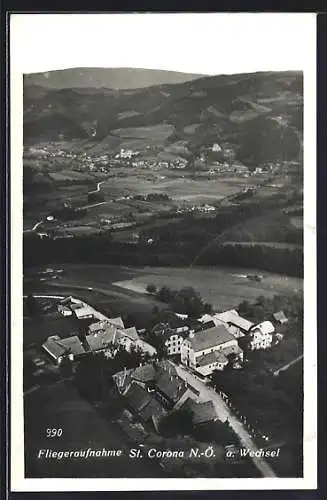 AK St. Corona a. Wechsel, Gesamtansicht mit Kirche und Umgebung, Fliegeraufnahme