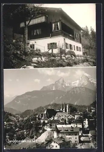 AK Berchtesgaden, Wohnhaus, Ortsansicht mit Watzmann