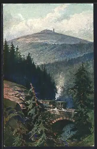 Künstler-AK Brocken, Brockenbahn, Eisenbahn