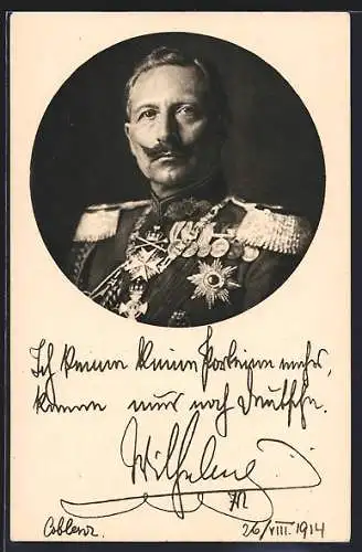 AK Kaiser Wilhelm II., Portrait in Uniform mit Signatur, Deutsche Kriegskarte 1914 zugunsten des Roten Kreuzes