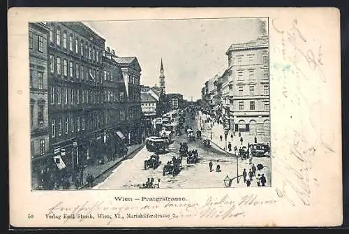 AK Wien, Praterstrasse mit Geschäften und Strassenbahn