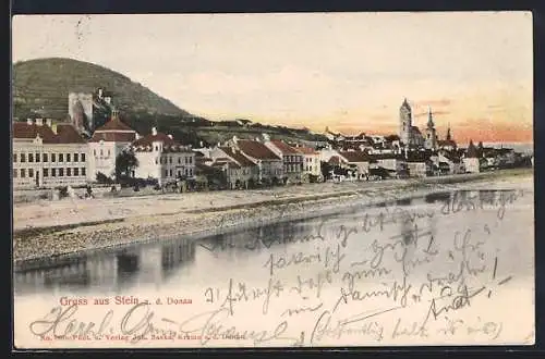 AK Stein a. d. Donau, Uferpartie mit Kirche