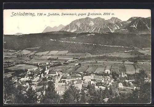 AK Schladming /Steiermark, Teilansicht mit Kirche gegen Dachstein