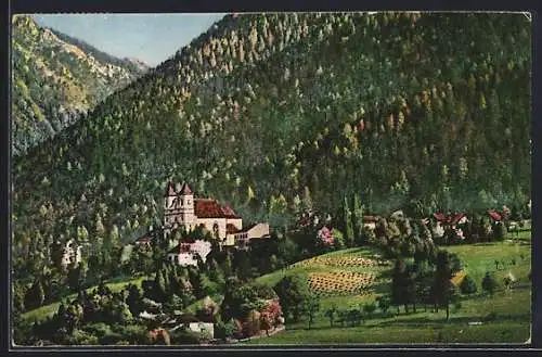 Künstler-AK Maria-Schutz am Semmering, Ortspartie mit Kirche