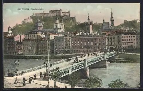 AK Salzburg, Sängerfahrt des Freiburger Männergesangvereins 1911, Teilansicht mit Festung und Staatsbrücke