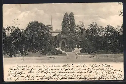 AK Wien, Stadtpark mit Lusthaus, Stiege und Rampe