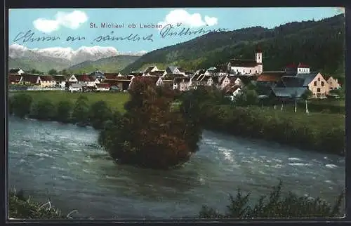 AK St. Michael ob Leoben, Flusspartie mit Blick zum Ort