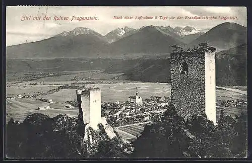 AK Zirl, Teilansicht mit den Ruinen Fragenstein 8 Tage nach der Brandkatastrophe