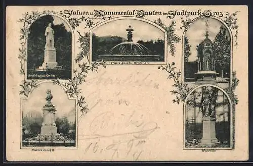 AK Graz, Anastasius Grün im Stadtpark, Franz Josefs-Brunnen, Kaiser Josef II.