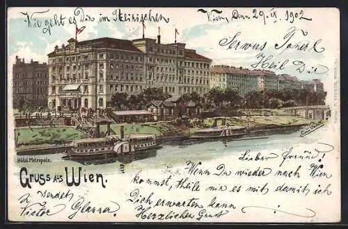 Lithographie Wien, Hotel Metropole mit zwei Dampfern