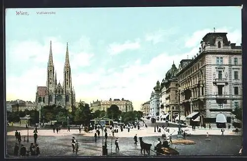 AK Wien, Strassenpartie mit Votivkirche und Strassenbahn