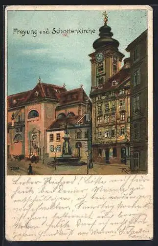 Lithographie Wien, Freyung mit Schottenkirche